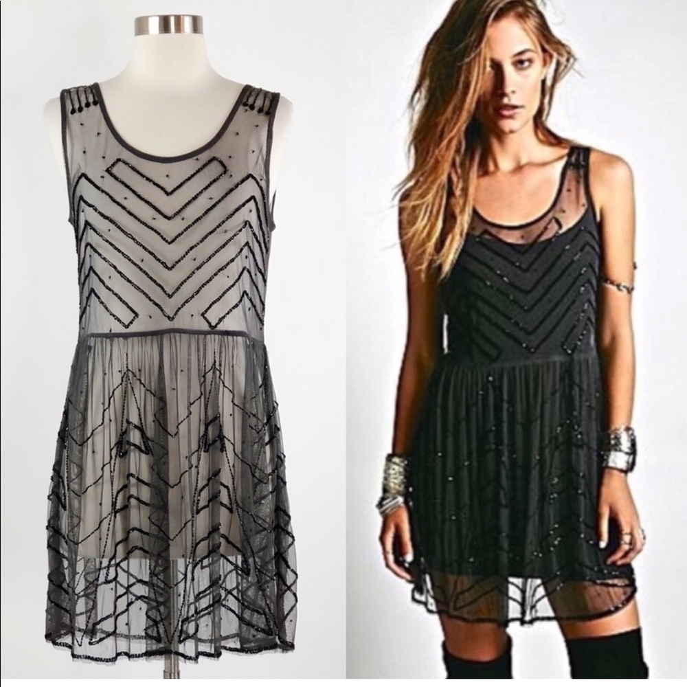 Free People | Gunpowder Grey Beaded Sheer Dress